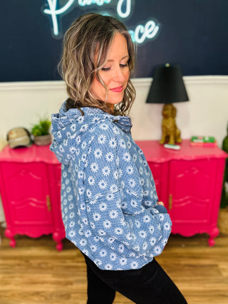 Washed Flower Pattern Half Zip Hoodie