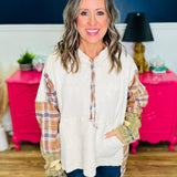 Washed Fabric Mixed Hooded Plaid Pullover Top - LAST ONES FINAL SALE