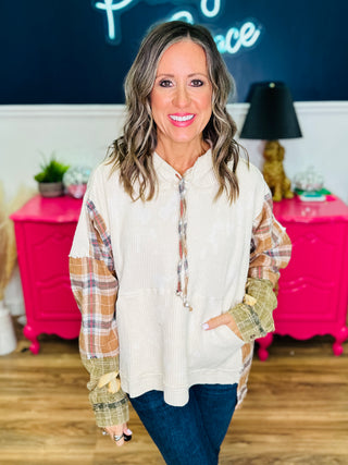 Washed Fabric Mixed Hooded Plaid Pullover Top
