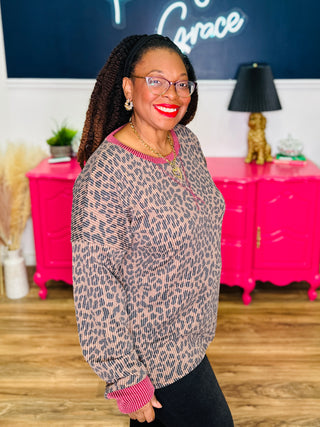 Animal Print Drop Shoulder V-Seam Long Sleeve Top