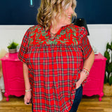 Plaid Short Sleeve Top With Embroidered Neckline