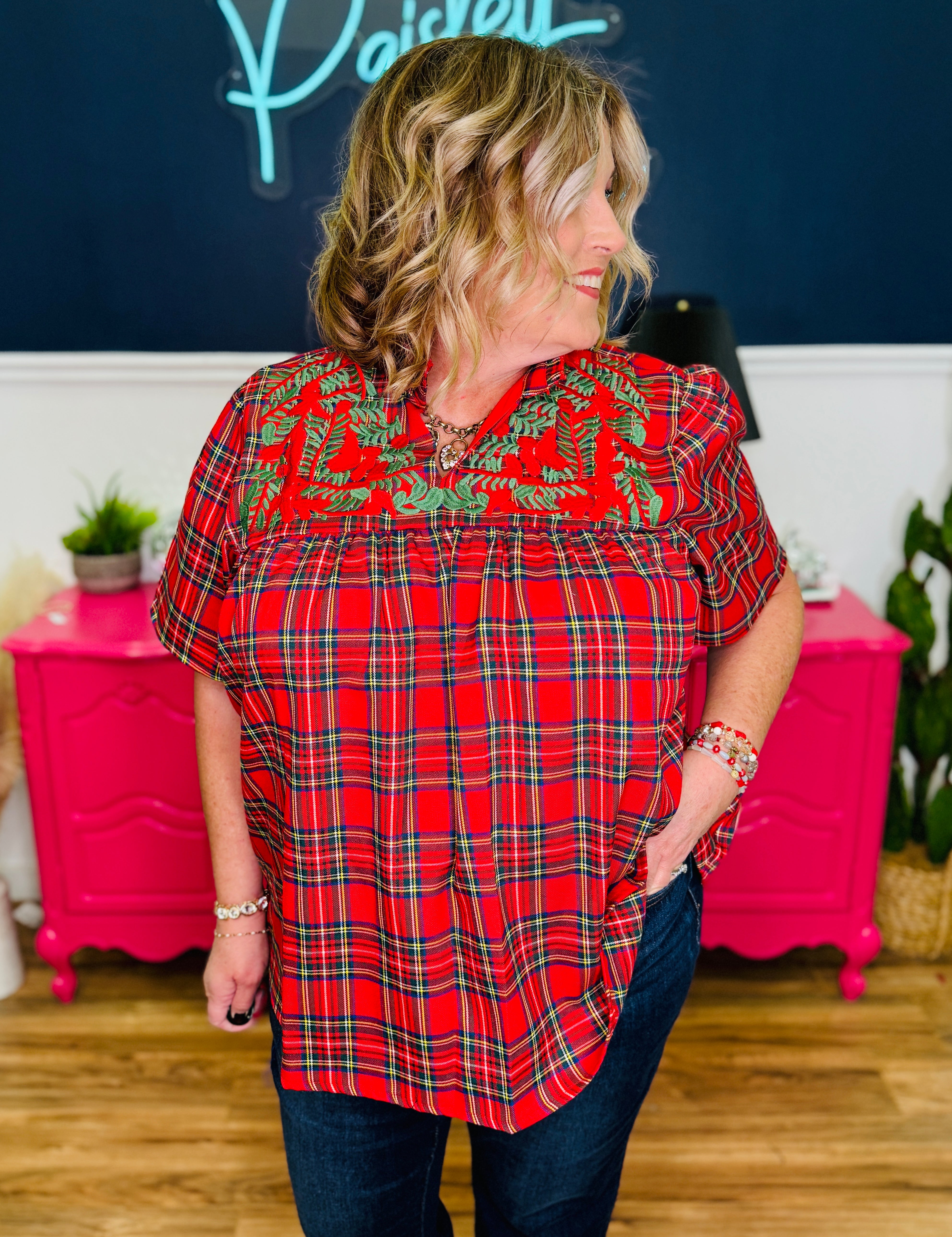Plaid Short Sleeve Top With Embroidered Neckline