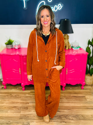 Soft Corduroy Hooded Shacket - Rust