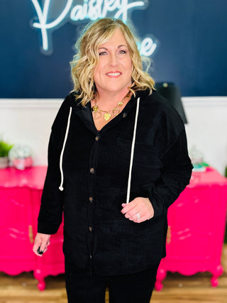 Soft Corduroy Hooded Shacket - Black