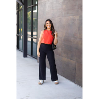 High-waisted black wide leg pants with pockets by Julia Rose, Julia Rose womenâ€™s wide leg pants lifestyle image