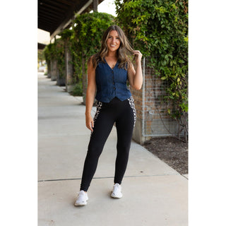 Julia Rose Carolina Cow Print Panel Leggings womenâ€™s boutique leggings front view, Woman wearing Julia Rose Carolina leggings with cow print panel detail