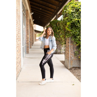 High waisted black leggings with plaid side panel