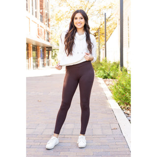 High waist brown crossover leggings for women. Buttery soft brown leggings with flattering waistband