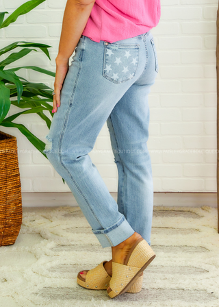 Sam Mid Rise Star Pocket Boyfriend Jeans