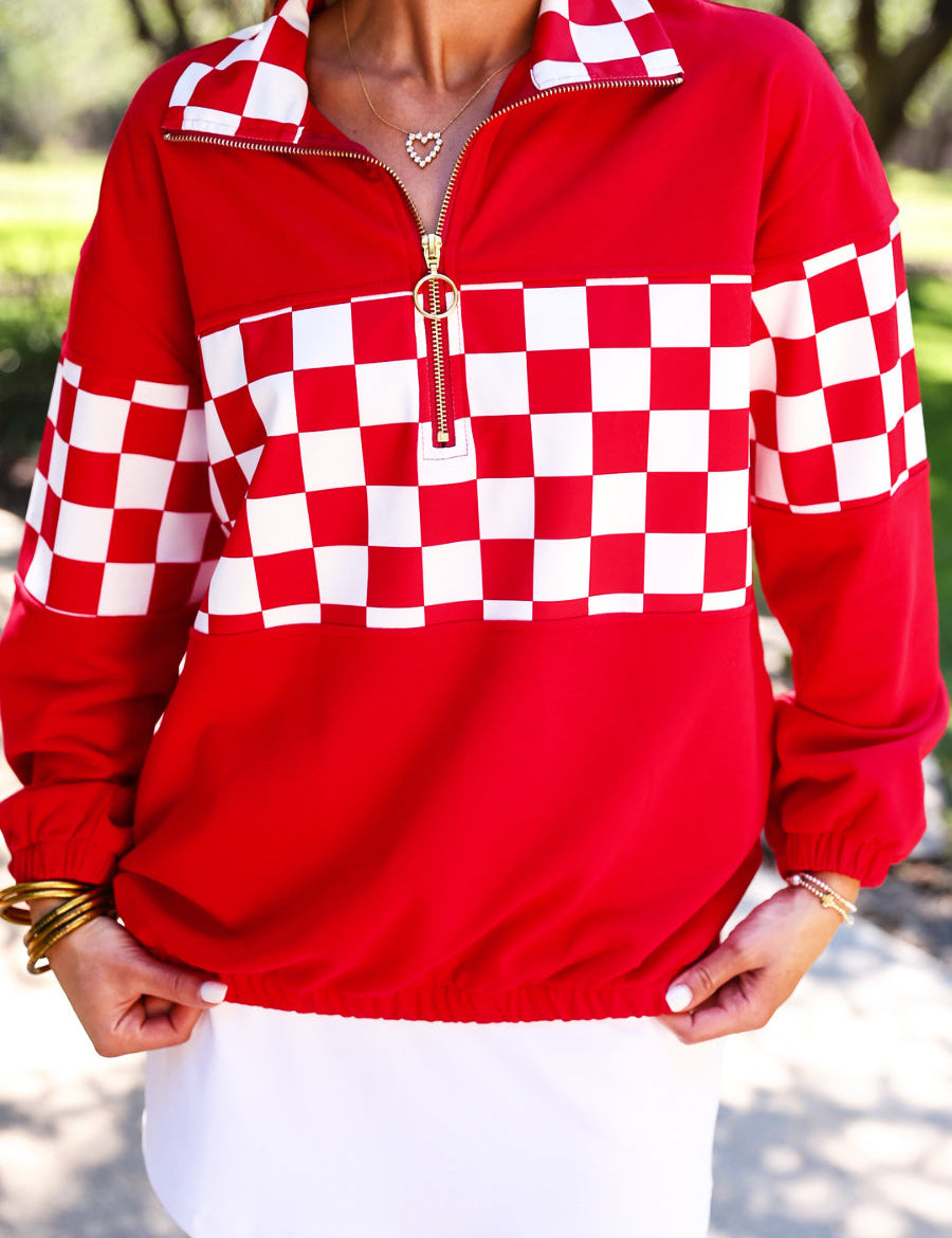 PREORDER- End Zone Checkered Pullover- Red