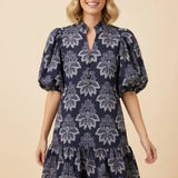 Damask Print Puff Sleeve Tiered Dress - PREORDER