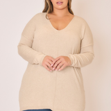 Soft Fine Knit Exposed Seam V-Neck Sweater - Oatmeal - PREORDER