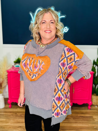 Washed Love Heart Patchwork Pullover Top