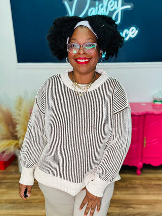 Sorenna Two Tone Crewneck Sweater - Brown - HOLIDAY CHEER