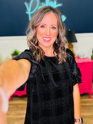 Puff Sleeve Glitter Plaid Velvet Top - PREORDER