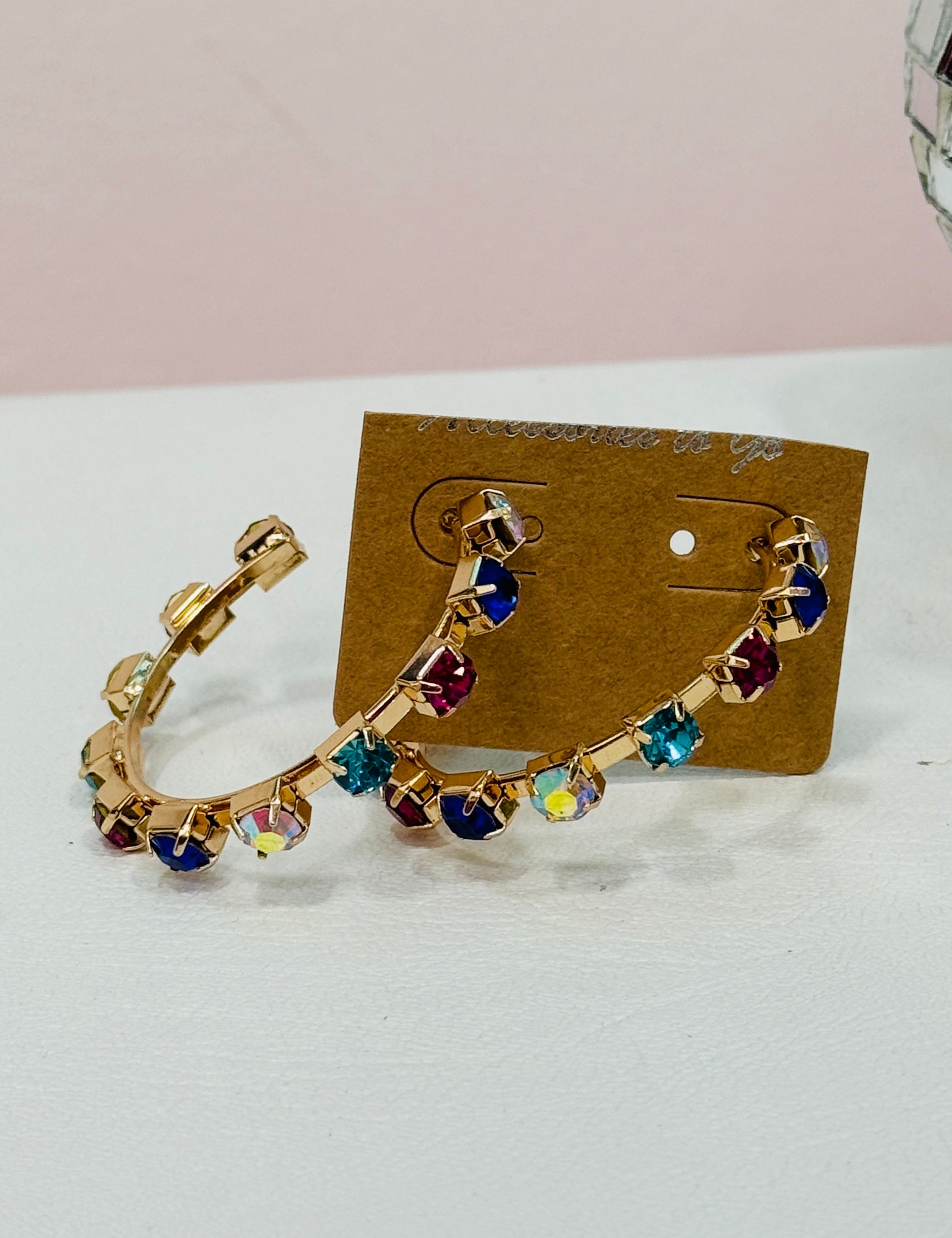 Gold Hoop Earrings with Colored Studs - 2 Colors