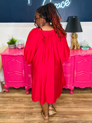 Bubble Sleeve Flowy Dress - Red