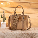 Montana West Hair-On Hide Tote Bag with Tooled Strap - Beige