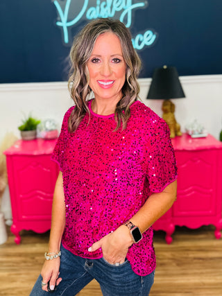 Round Neck Short Sleeve Sequin Top