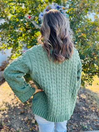 POL Long Sleeve Pearl Details Chenille Sweater Cardigan - Dried Green