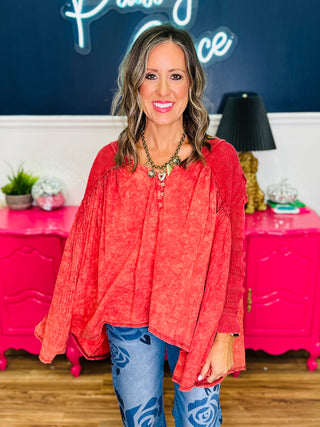 Washed Pleated Detail Long Sleeve Flare Tunic Top