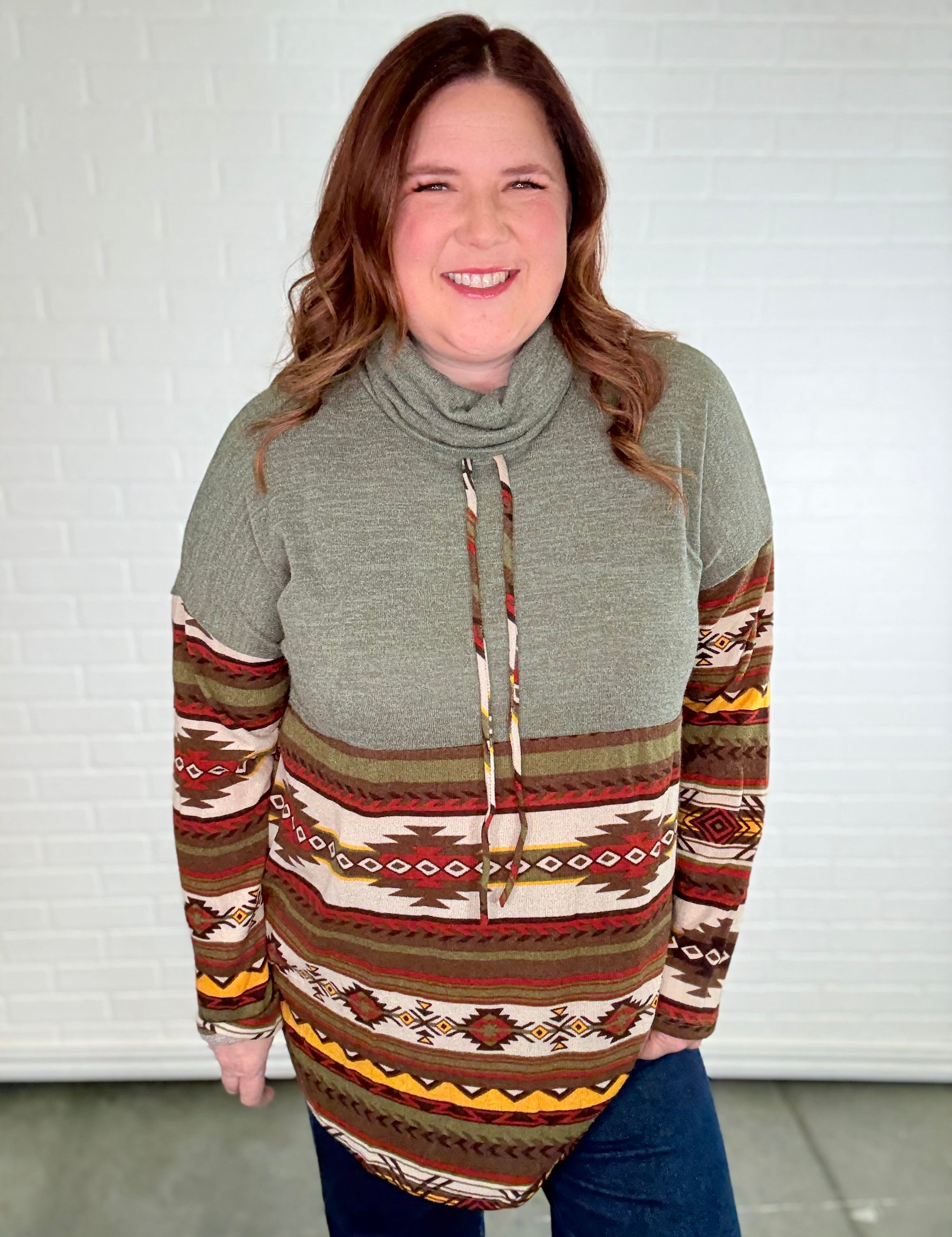 Aztec Contrast Relaxed Turtleneck Long Sleeve Top - LAST ONES FINAL SALE