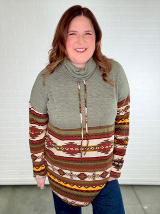 Aztec Contrast Relaxed Turtleneck Long Sleeve Top