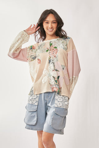 Lace Floral Mix Fabric Long Sleeves Loose Fit Top  - PREORDER