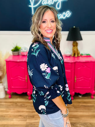 Floral Contrast Trim Blouse