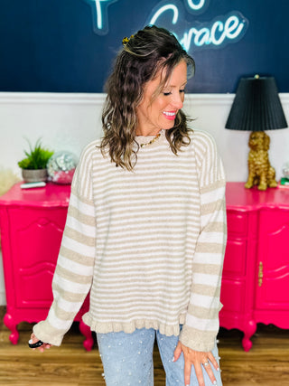 Lena Taupe Stripe Frill Hem Sweater