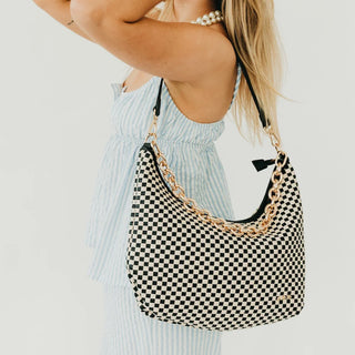 Sienna Slouchy Woven Shoulder Bag - Black/Checkered