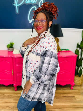 POL Plaid And Floral Relaxed Fit Top