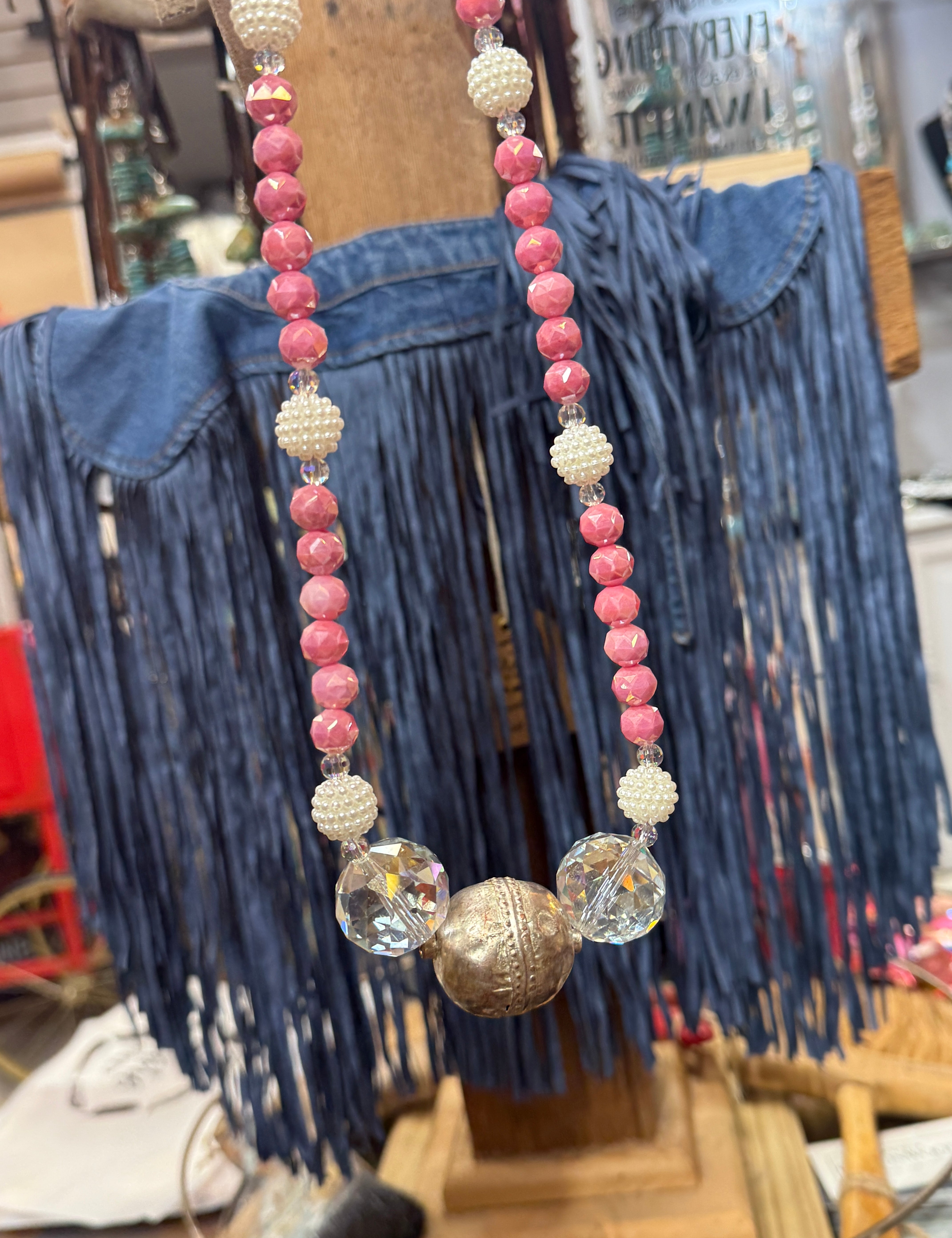 Pink Crystal & Silver Ball Necklace