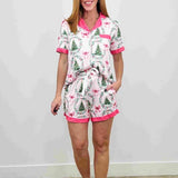 PJ Set - Button Down Short Sleeve Shorts Christmas Tree Bow - Preorder