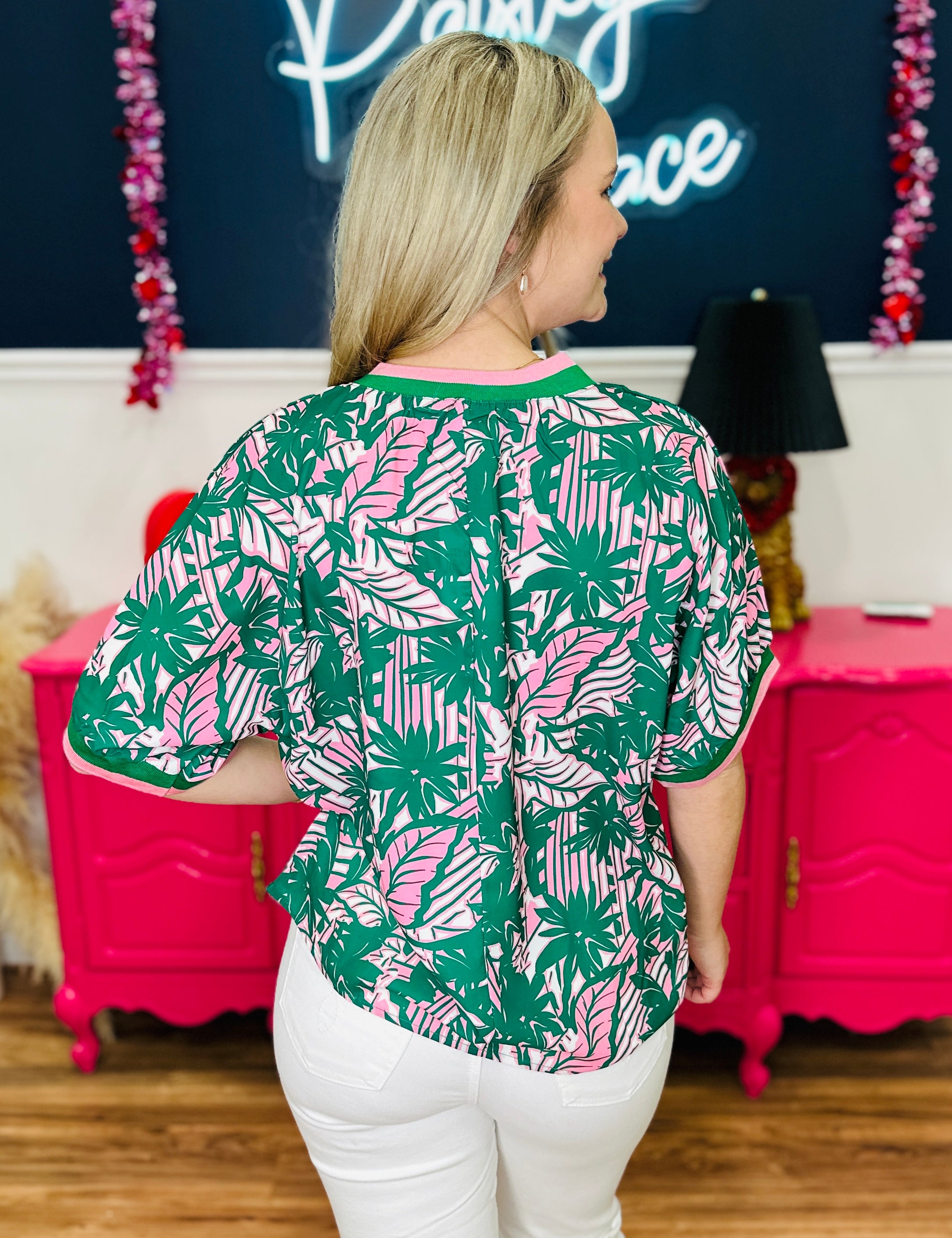 Floral V-Neck Top With Ribbing Detail
