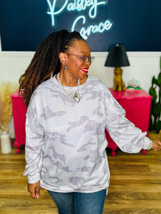 Oversized Grey Distressed Camo Long Sleeve Top