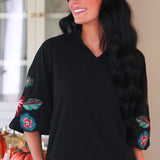 PREORDER - Donna Floral Embroidered Top - Black
