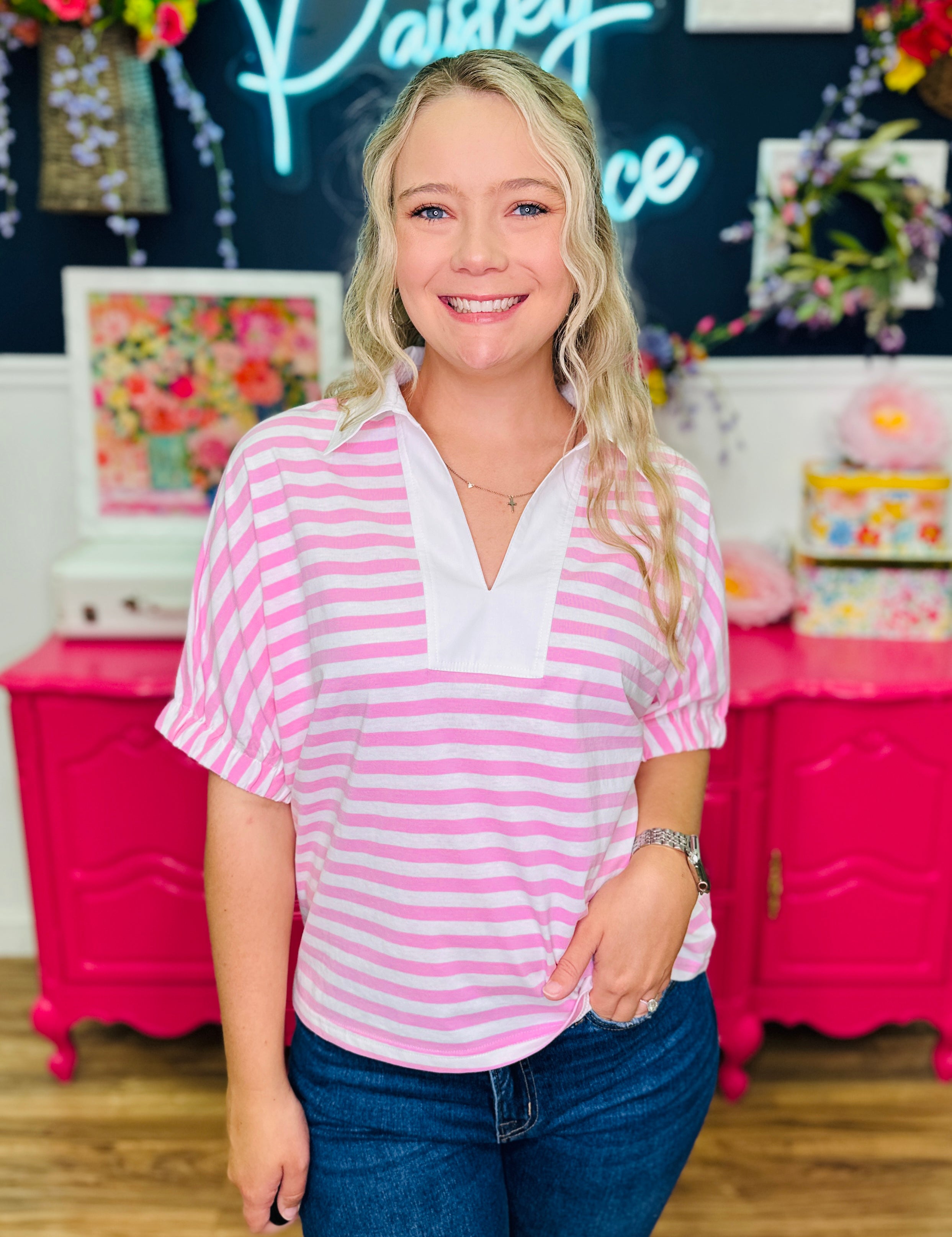 Mainstreet Muse Top - Pink/White