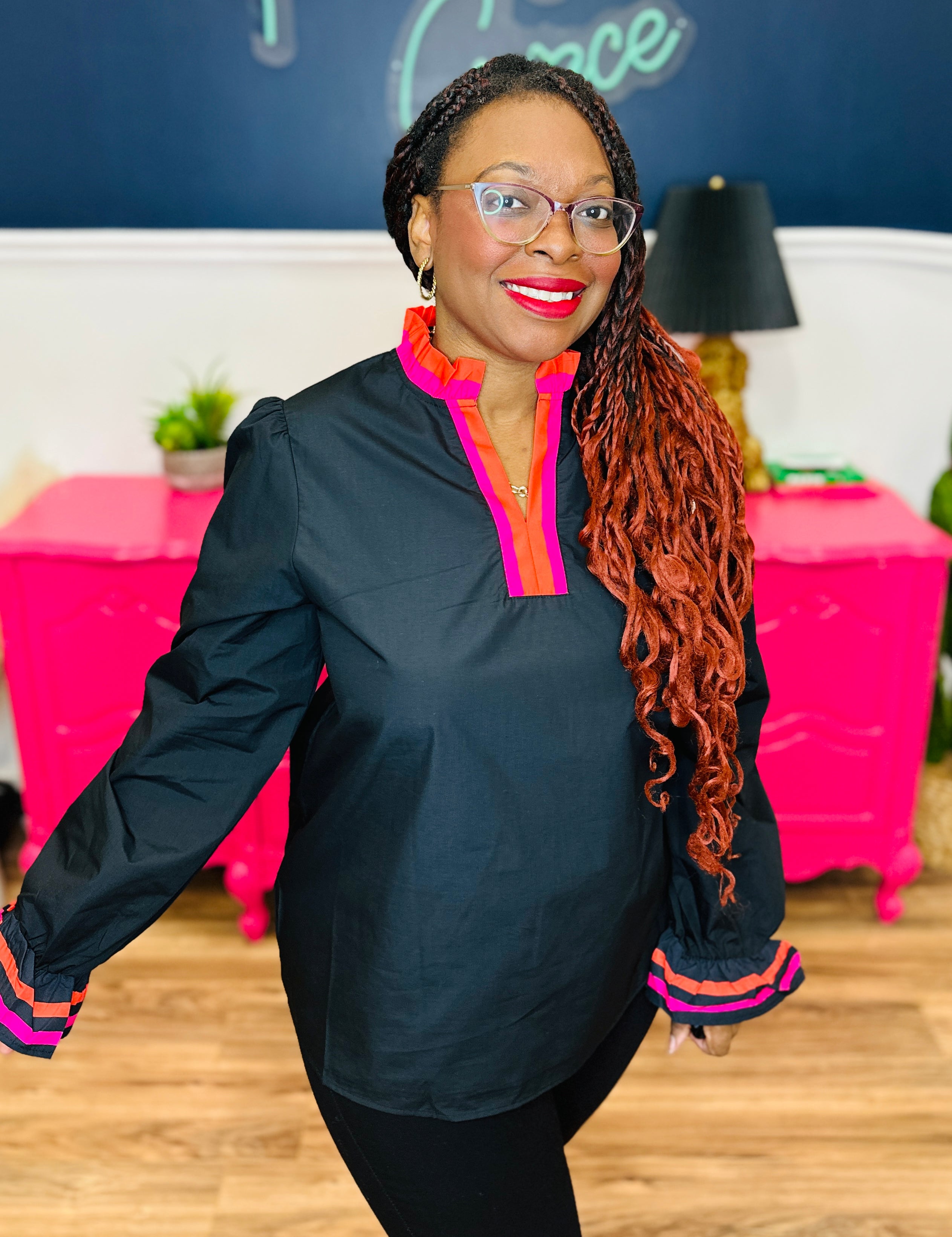 Black V-Neck Long Sleeve Blouse With Pink & Red Trim - FINAL SALE