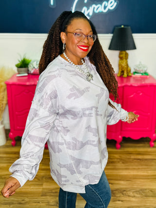 Oversized Grey Distressed Camo Long Sleeve Top