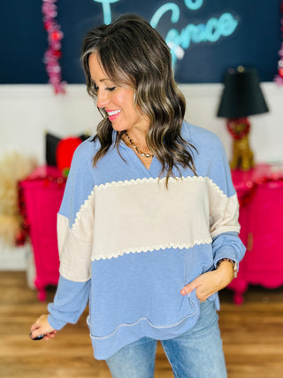 Ric Rac Trim Color Block Top - Denim/Cream