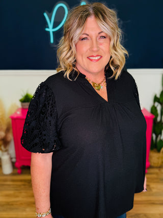 Collared V-Neck Embroidered Puff Sleeve Top