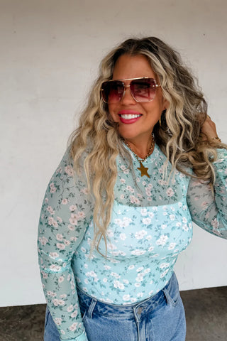 Sage Floral Mesh Top  - PREORDER