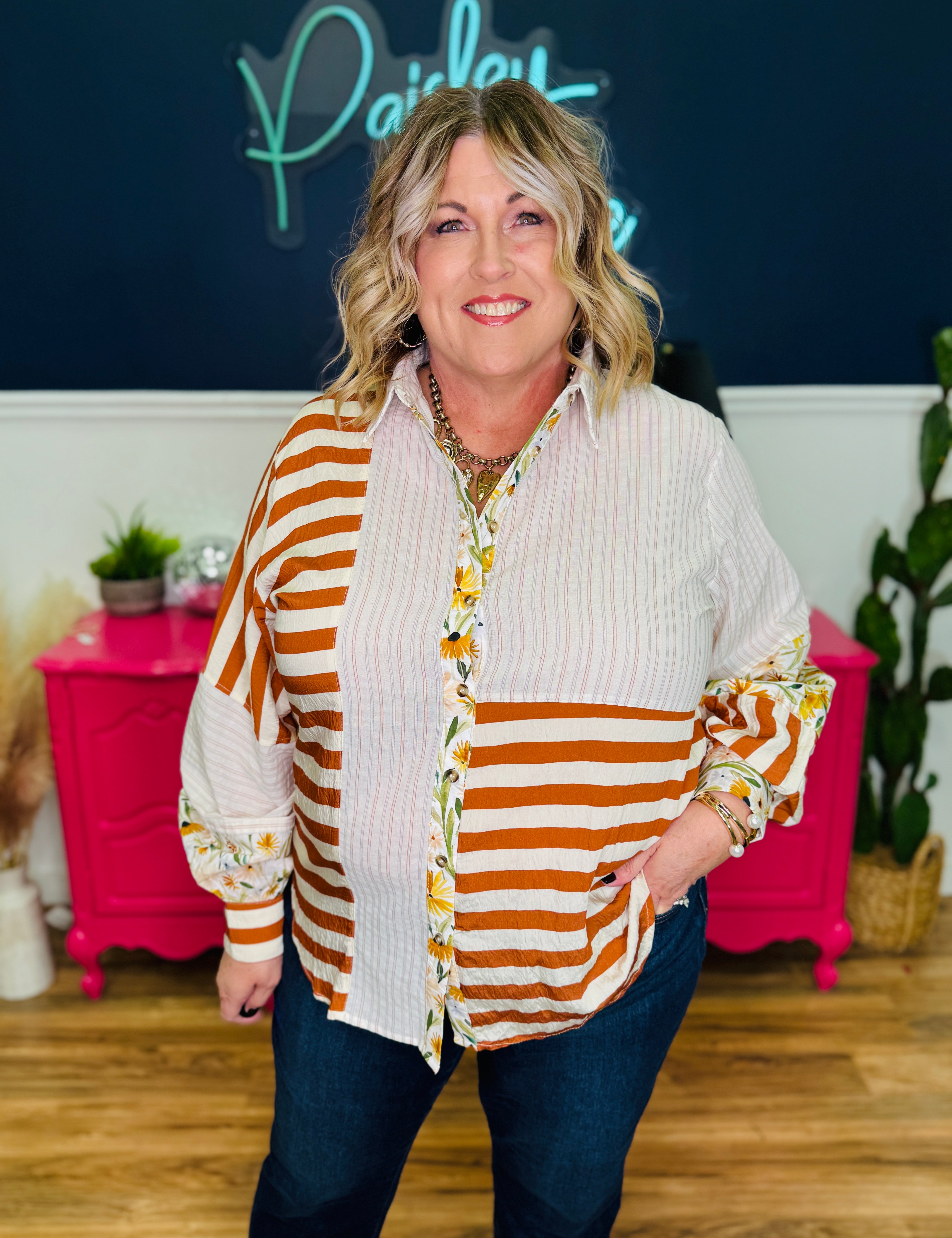 Mixed Print Button Down Top - LAST ONES FINAL SALE