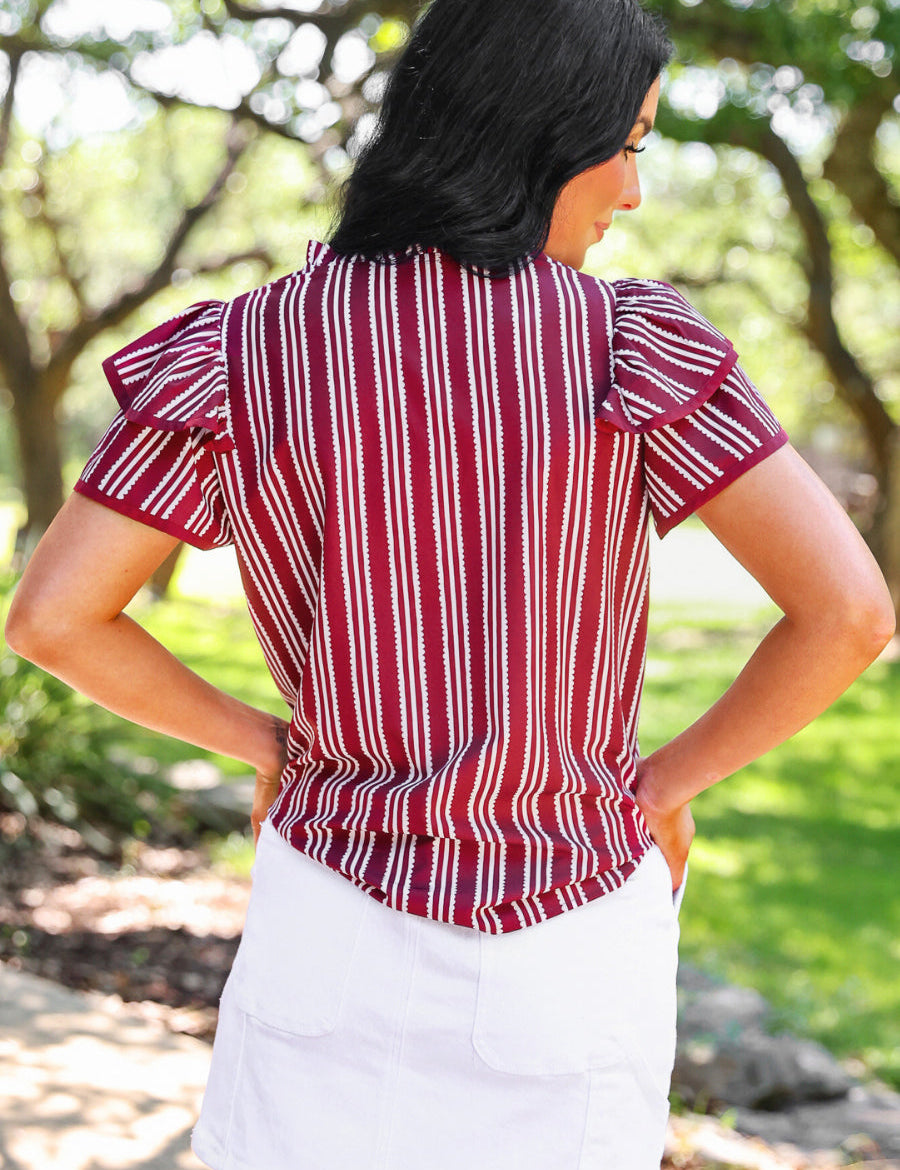 PREORDER- Layla Striped Flutter Sleeve Blouse- Maroon