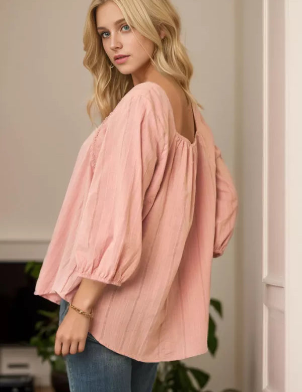 Solid Lace Square Neck Bell Sleeve Blouse Top (Reg Only) - LAST ONES FINAL SALE