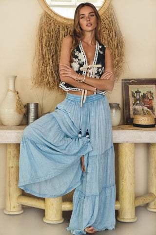 Washed Blue Boho Palazzo Pants
