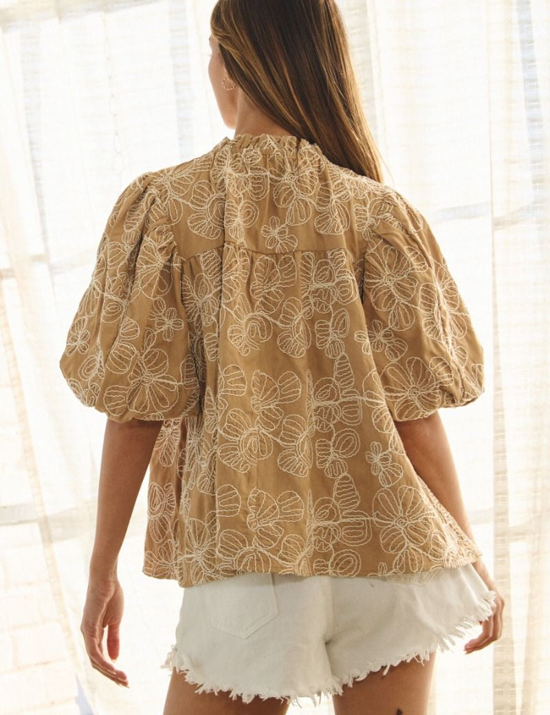 Floral Embroidered Top - Camel