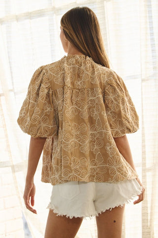 Floral Embroidered Top - Camel