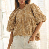 Floral Embroidered Top - Camel